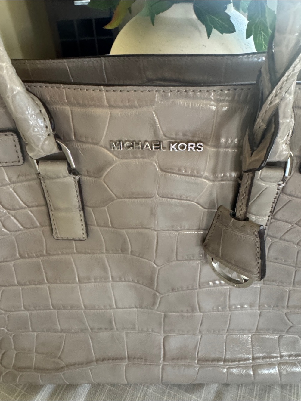 Michael Kors Croc-Embossed Gray Leather Tote with silver Hardware - Picture 2 of 6